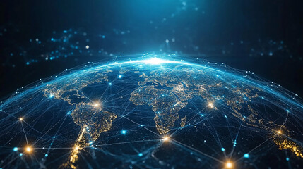 Wall Mural - night planet earth from space with light lines of communication and connection. business and finance