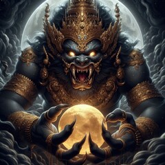 A powerful and fierce depiction of Rahu, the celestial deity, preparing to devour the full moon. Rahu’s face is adorned with intricate golden details and a towering crown, his expression menacing wit.