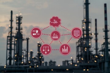 Fototapete - The image shows two engineers on site, Industry 4.0 concept image. Oil refinery at twilight with icons representing cyber and physical systems on a background of industrial infrastructure and