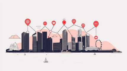Fototapete - An illustration of IOT and smart cities using wireless networking and WiFi icons