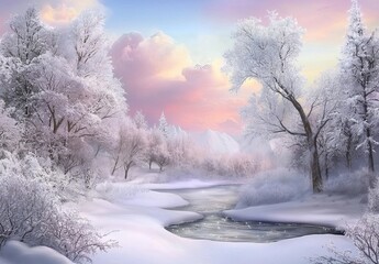 Poster - An idyllic landscape with winter trees, frozen rivers and reflections in the water. Colorful winter forest on the river at sunset. Beautiful winter view of a snowy landscape with trees, lakes, sun,