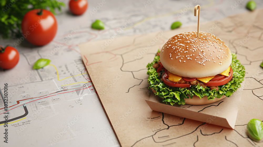Burger Run Map delicious burger sits on map, surrounded by fresh ingredients like ...
