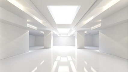 3D stimulation of white interior space with sunlight cast the roof shadow on the wall and floor, Perspective of minimal design architecture,3d rendering. Stimulate the scene of a white empty room.