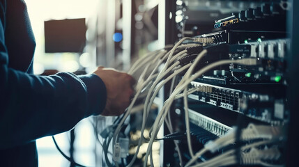 Technician in modern office maintaining network server, surrounded by cables and routers, showcasing focus and professionalism in IT infrastructure management.