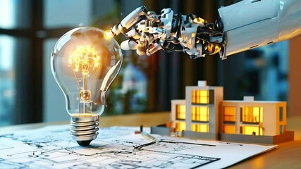 Animation of a robot arm holding a light bulb with a 3D building model over an apartment blueprints
