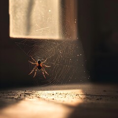 Wall Mural - Haunting Spider s Web Capturing Dust and Light in Neglected Corner