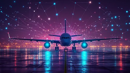 Wall Mural - a striking image of a jetliner on a shiny tarmac with a vibrant network of lights and colors overhea