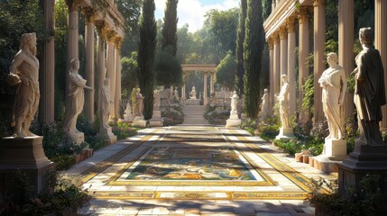 Wall Mural - Roman villa garden with statues and colorful mosaic of gods and mortals in sunlight