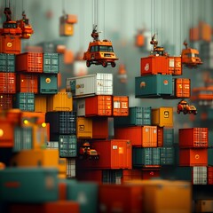 Fototapete - Massive futuristic cargo ships with modular hulls and robotically operated cranes transporting shipping containers across a glowing neon lit harbor