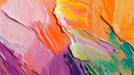 Vibrant abstract oil painting with thick brushstrokes of orange, pink, green, and purple colors Generative AI