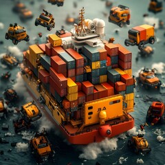 Fototapete - Towering cargo container ships of the future with sleek and aerodynamic hulls featuring advanced hydrodynamic designs and intricate robotic loading and unloading mechanisms