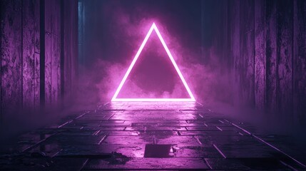 Wall Mural - Glowing purple neon triangle with foggy background on wet surface Generative AI
