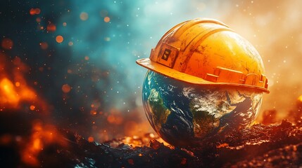 Wall Mural - creative illustration of planet earth wearing safety helmet symbolizing global safety and health at 