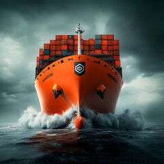 Fototapete - Enormous state of the art container vessels showcasing futuristic hull shapes and autonomous loading capabilities driving a dynamic globally integrated supply chain