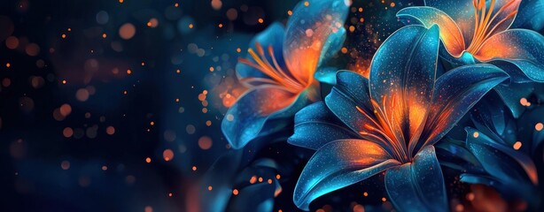 Wall Mural - abstract glowing blue and orange flowers with light particles on dark background generative ai