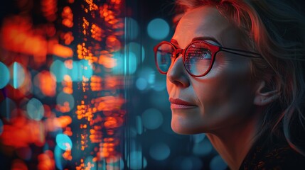 Focused middle-aged businesswoman in glasses, side profile, with glowing 'strategic thinking' text in a futuristic, digital background, symbolizing modern leadership.