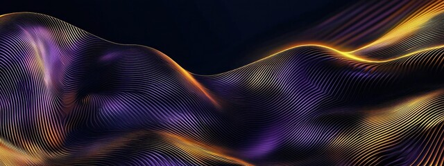 Wall Mural - abstract purple and yellow flowing lines with dotted pattern on dark background generative ai