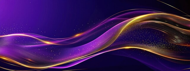 Wall Mural - Elegant purple and gold wave pattern with sparkling particles on dark background Generative AI