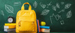 © bitano - Educational Still Life with Yellow Backpack, Books, and Alarm Clock on Green Background .