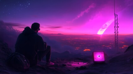 A solitary figure gazes at a vibrant purple sky and distant mountains while sitting next to a glowing device on a mountain peak at twilight