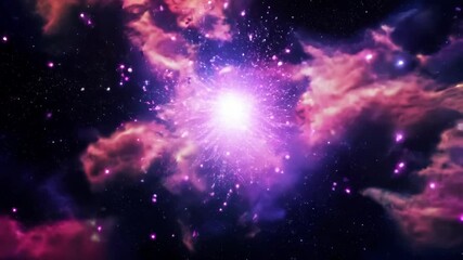 Wall Mural - cosmic explosion in a purple-pink nebula, surrounded by distant stars and deep space formations.