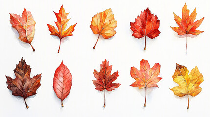 Wall Mural - beautiful a collection of watercolor autumn leaves, including maple, oak, and birch, in shades of re
