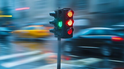 Aufkleber - Traffic signal at night with blurred city background