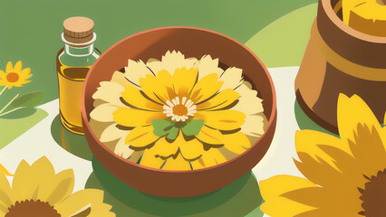 Wooden Bowl with Yellow Flower and Oil Bottle Illustration - Suitable for Organic Beauty Products