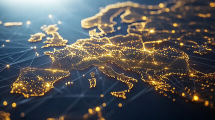 Wall Mural - dynamic digital world map emphasize western europe continental for ai powered global network connect