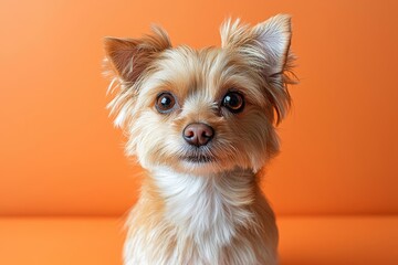 funny litllte dog at orange background , isolated on white background,  , free space text, copy space, copy space for text,