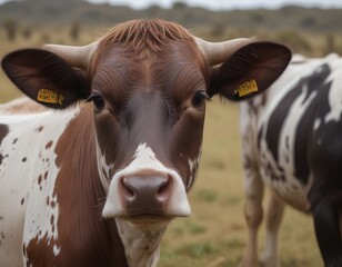 there are two cows that are standing in the grass together.