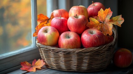 Poster - A woven basket holds a collection of fresh red apples, complemented by vibrant autumn leaves, all nestled by a sunny window that illuminates the scene.