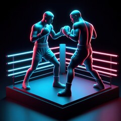 two boxing man on a match, black background. 3D rendering. Neon lights