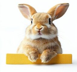 Rabbit looking over a signboard. Isolated on white background , isolated on white background,  , free space text, copy space, copy space for text,