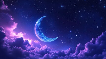 Wall Mural - a crescent moon shines brightly in a dark night sky filled with stars and purple clouds.