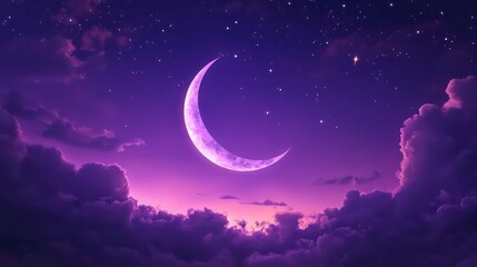 Wall Mural - a crescent moon shines brightly in a purple night sky, surrounded by clouds and stars.