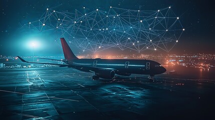 Wall Mural - a side view of an airplane at an airport at night is highlighted by a digital network structure with