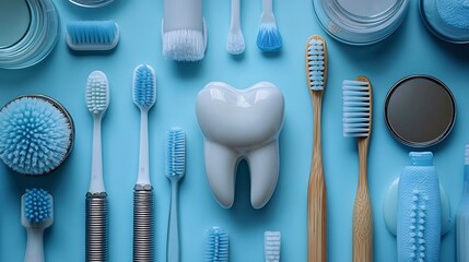 Wall Mural - Dental hygiene concept a detailed tooth model and tools such as floss and mirrors on a soft blue backdrop The clean design allows for text placement ideal for healthrelated banners