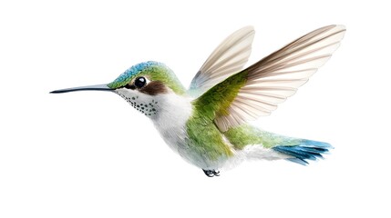 Poster - Vibrant watercolor of a beautiful hummingbird with intricate feather details and colorful wings isolated on a clean white background for use in tropical floral