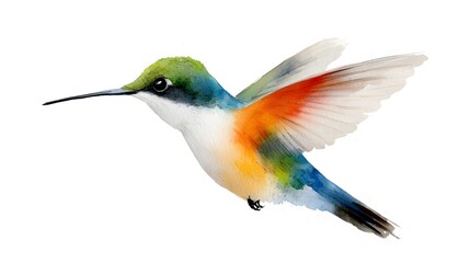 Poster - Exquisite hand drawn watercolor of a stunning hummingbird showcasing its vibrant wings intricate feather details and captivating presence against a clean white background