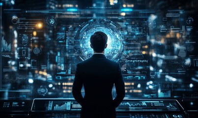 Businessman standing in front of a futuristic interface with holographic data. Technology and business concept, Generative AI