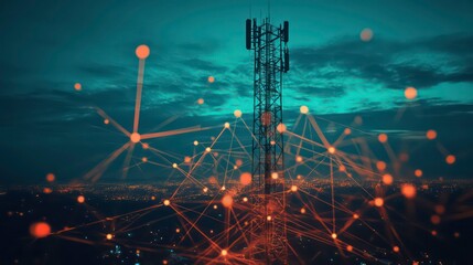 Wall Mural - a tall cell tower stands against a blue sky with glowing lines connecting it to a city below.