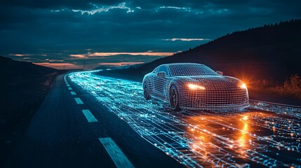 A modern car drives along a digitally enhanced road against a sunset, featuring neon lights and lines representing cutting-edge technology and innovation.