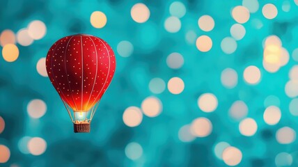 A vibrant red hot air balloon floats against a dreamy bokeh background of teal and golden lights, creating a whimsical atmosphere.