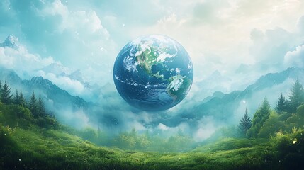 Wall Mural - earth day background the planet earth in a soft watercolor style set against a sky filled with cloud
