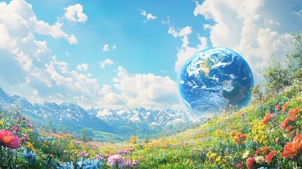 Earth Day background featuring peaceful landscape with a blue Earth rising over green mountains a clear blue sky dotted with fluffy clouds and colorful flowers in the foreground symbolizing hope