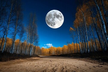 Wall Mural - Bare birch trees under a full moon, casting eerie shadows on the forest floor