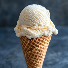 Vanilla ice cream scoop in a classic waffle cone, minimalist summer treat

