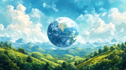 Wall Mural - earth day background the planet earth in a soft watercolor style set against a sky filled with cloud