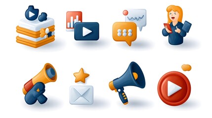Fototapete - Minimal icon set showcasing digital marketing concepts like online video social media analytics and goal or target with professional design for modern business strategy and online promotion